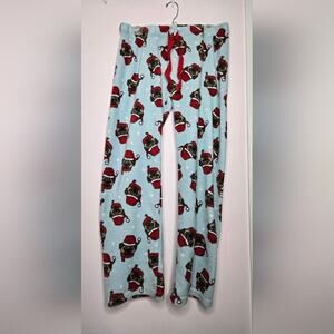 NIGHTFOX Fleece PJ Pants Pug Dogs in Santa Hats Size Medium Light Blue